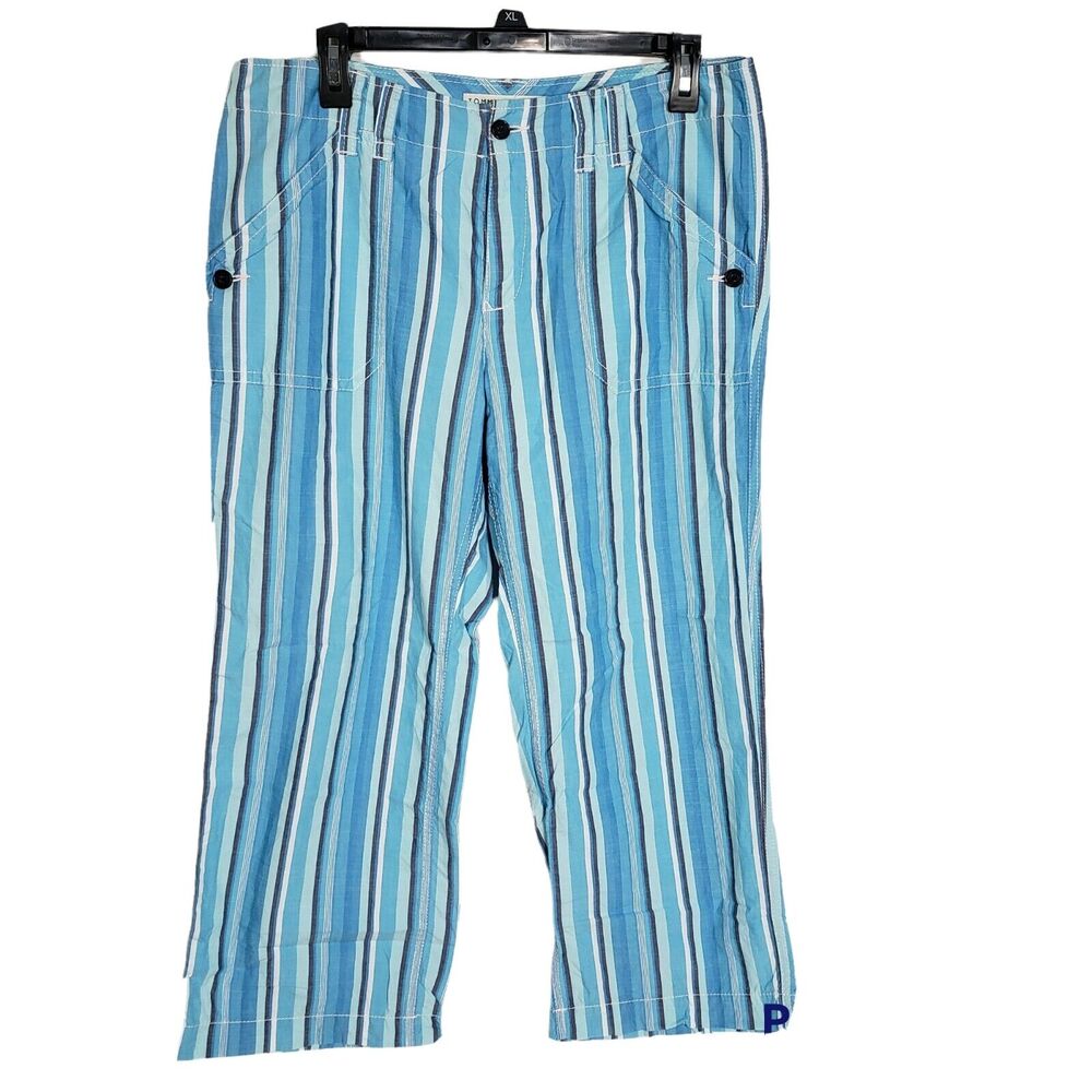 Tommy Hilfiger Womens Cropped Pants 10 Blue Striped Mid Rise Pocket Button Fly
